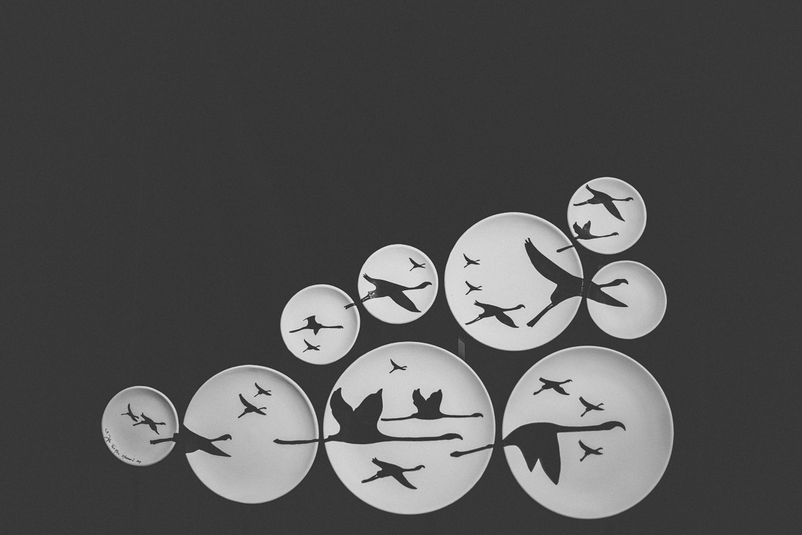 rozimages - photographie évènementielle - Salon des Arts et du Feu 2015 - assiettes en faïence avec oiseaux noirs peints, accrochés au mur - Martres-Tolosane, France