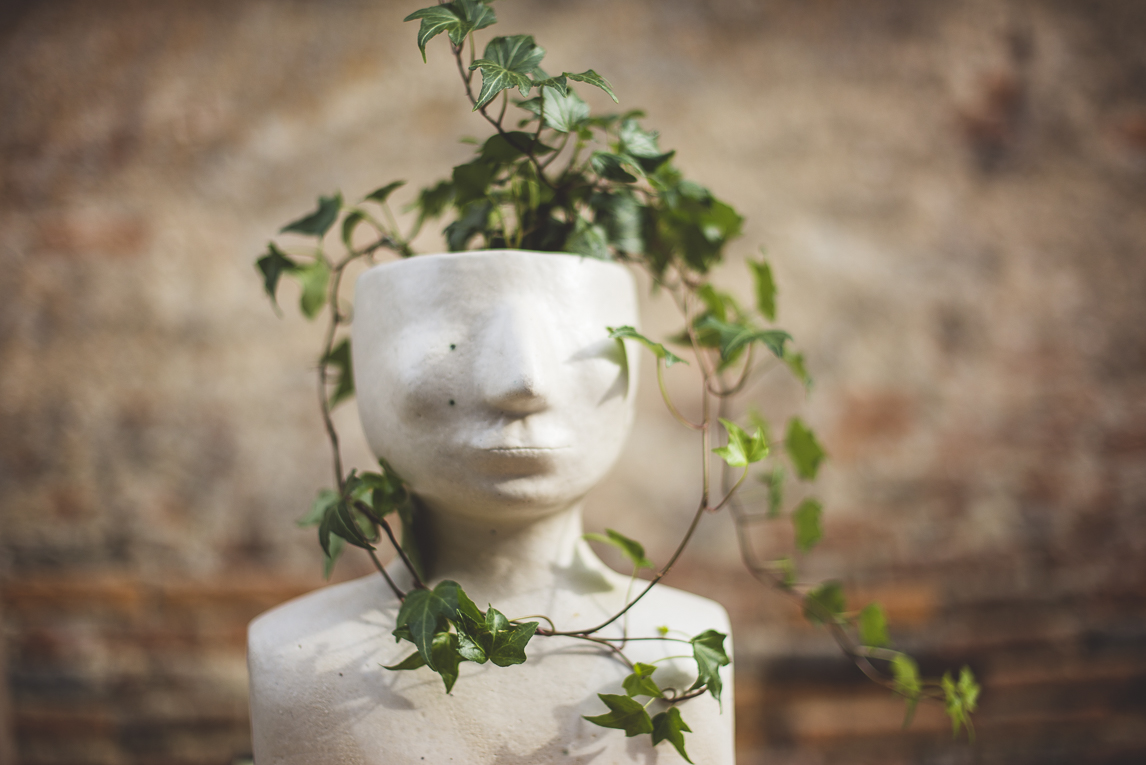 rozimages - event photography - Expo Vente de Végétaux Rares 2015 - ivy planted in ceramic sculpture in the shape of a bust - St Elix le Chateau, France